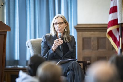 Associate Dean Anne Dailey moderating a Law School Roundtable discussing the most important legal issues surrounding President Trump’s executive orders.